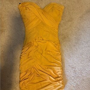 bebe Strapless Dress in Mustard Yellow